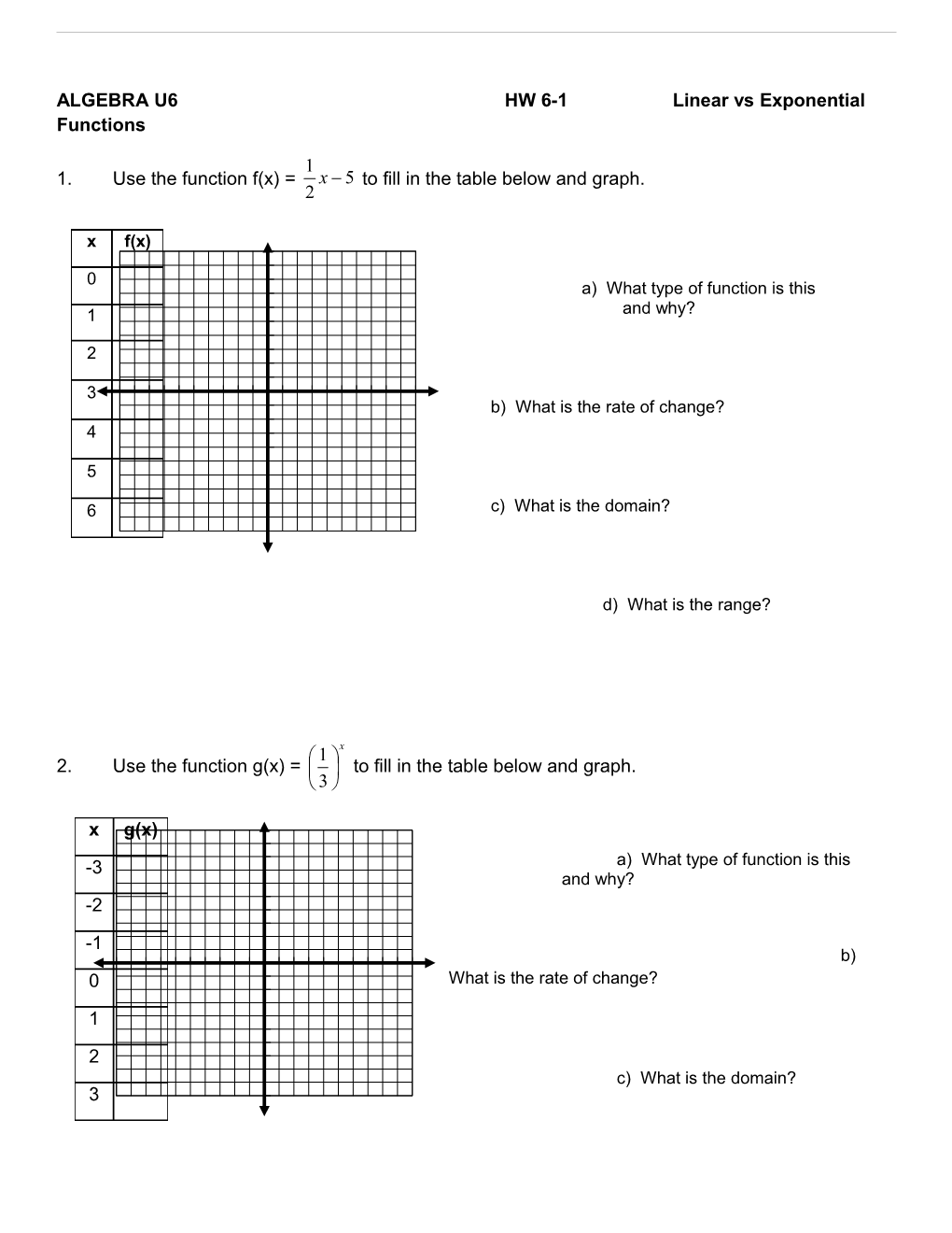 ALGEBRA U6HW 6-1Linear Vs Exponential Functions