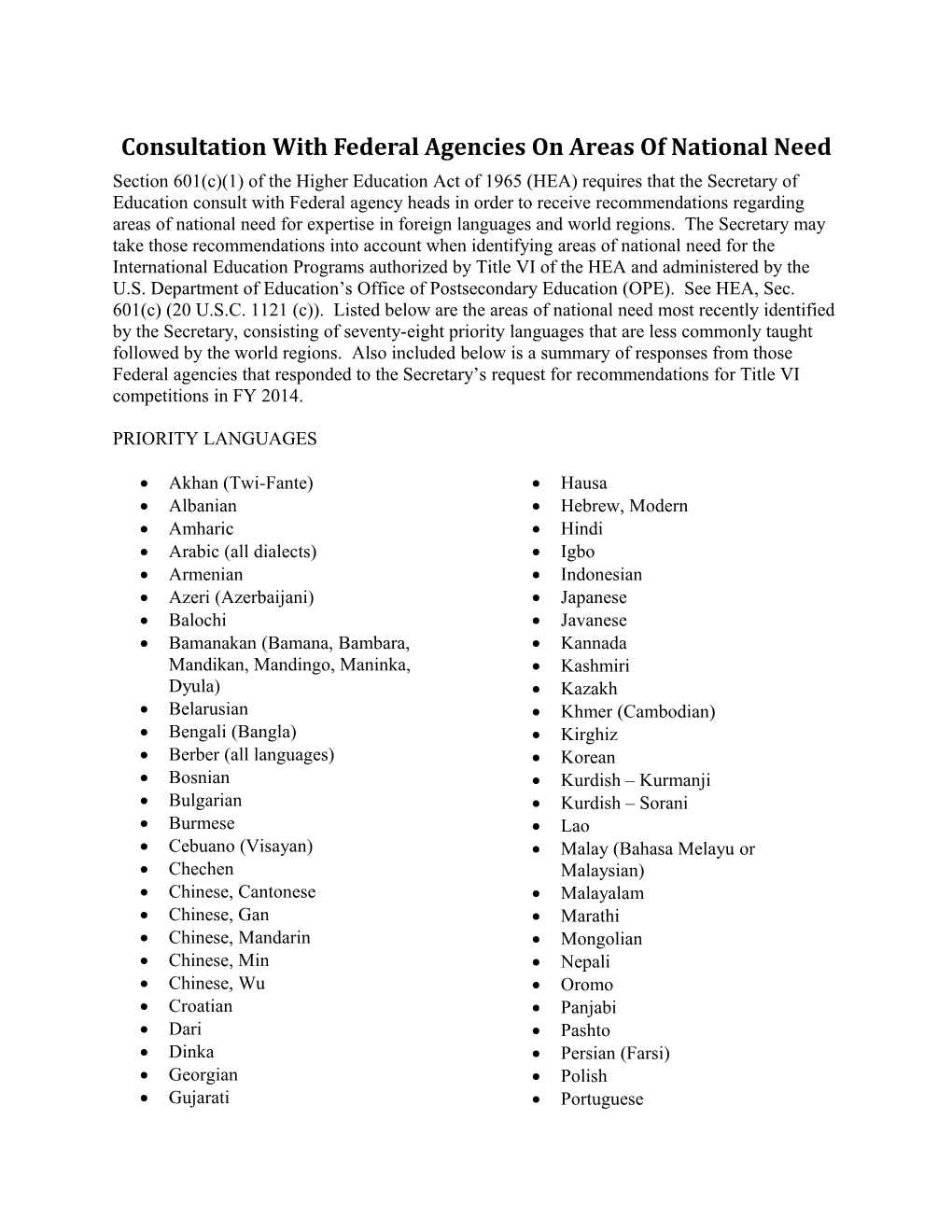 Consultation with Federal Agencies on Areas of National Need - FY 2014 (MS Word)