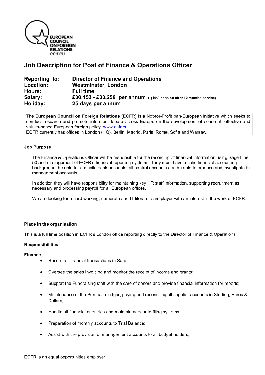 Job Description for Post of Finance & Operations Officer