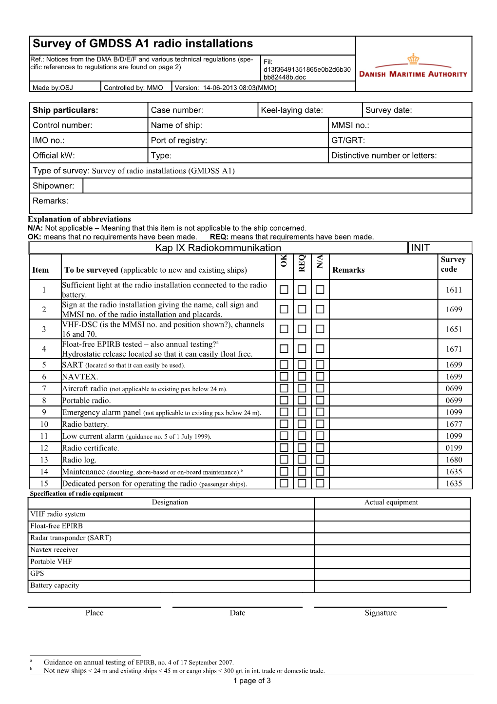 Survey of GMDSS A1 Radio Installations