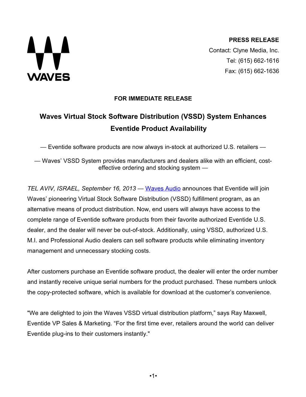 Waves Virtual Stock Software Distribution (VSSD) System Enhances Eventide Product Availability
