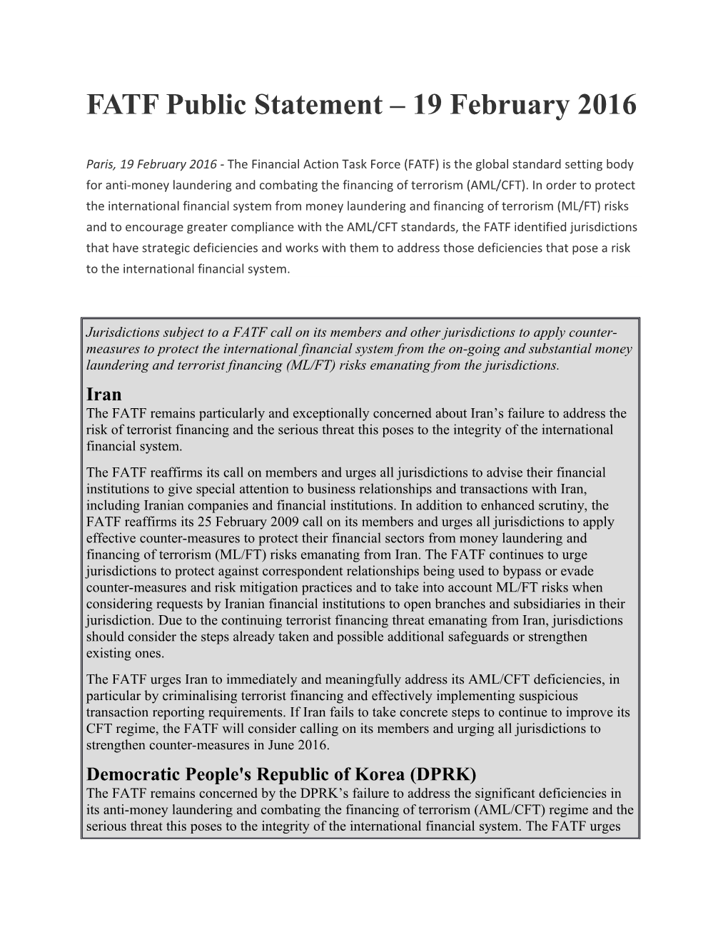 FATF Public Statement 19 February 2016