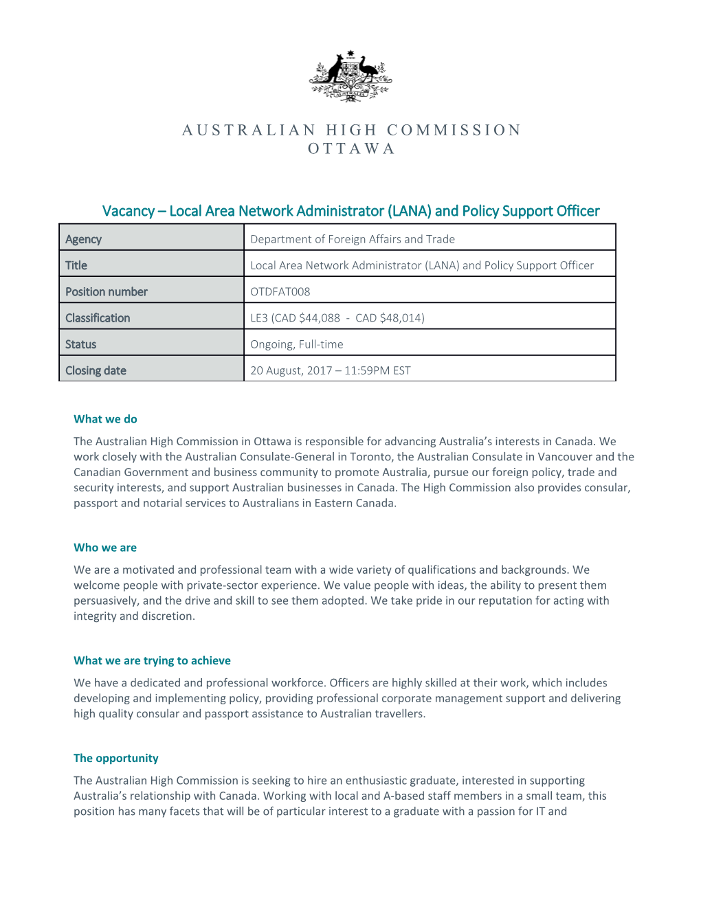 Vacancy Local Area Network Administrator (LANA) and Policy Support Officer