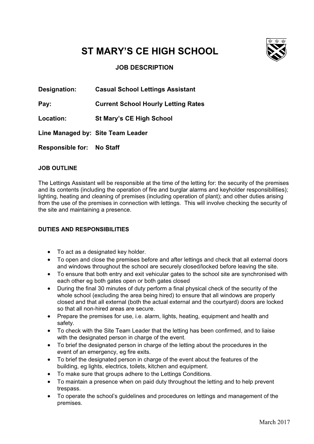 Designation:Casual School Lettings Assistant