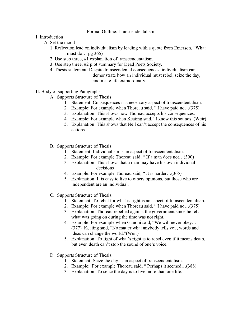 Formal Outline: Transcendentalism