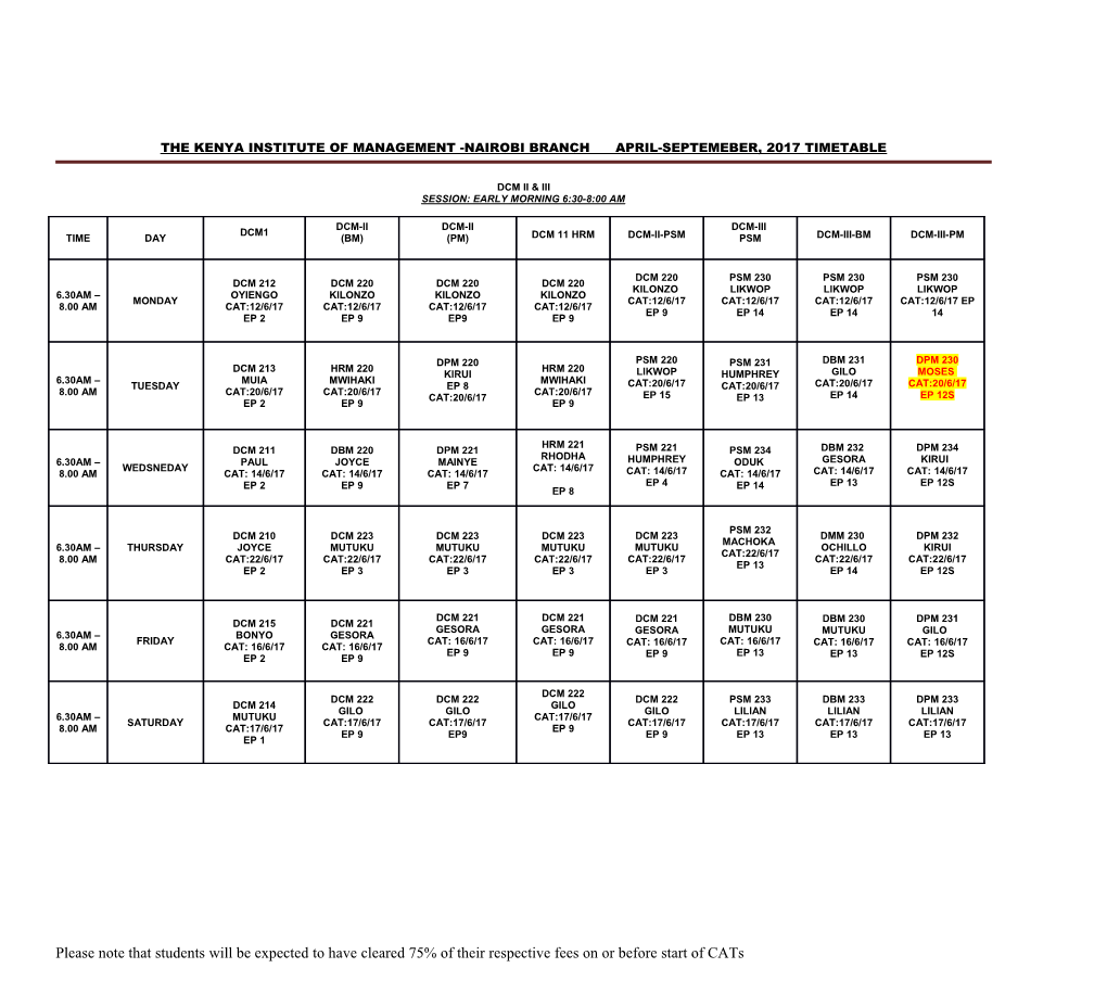 The Kenya Institute of Management -Nairobi Branch April - September 2013 Semester Timetable