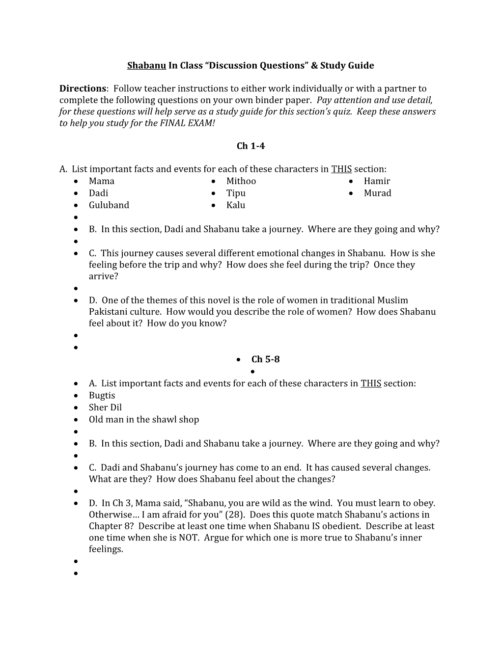 Shabanu in Class Discussion Questions & Study Guide