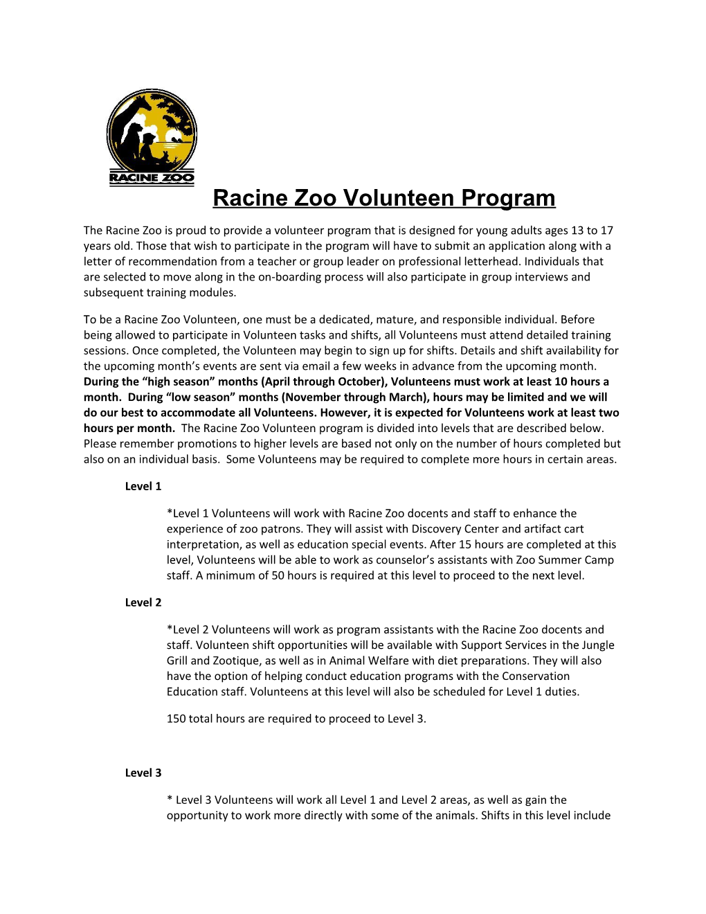 Racine Zoo Volunteen Program