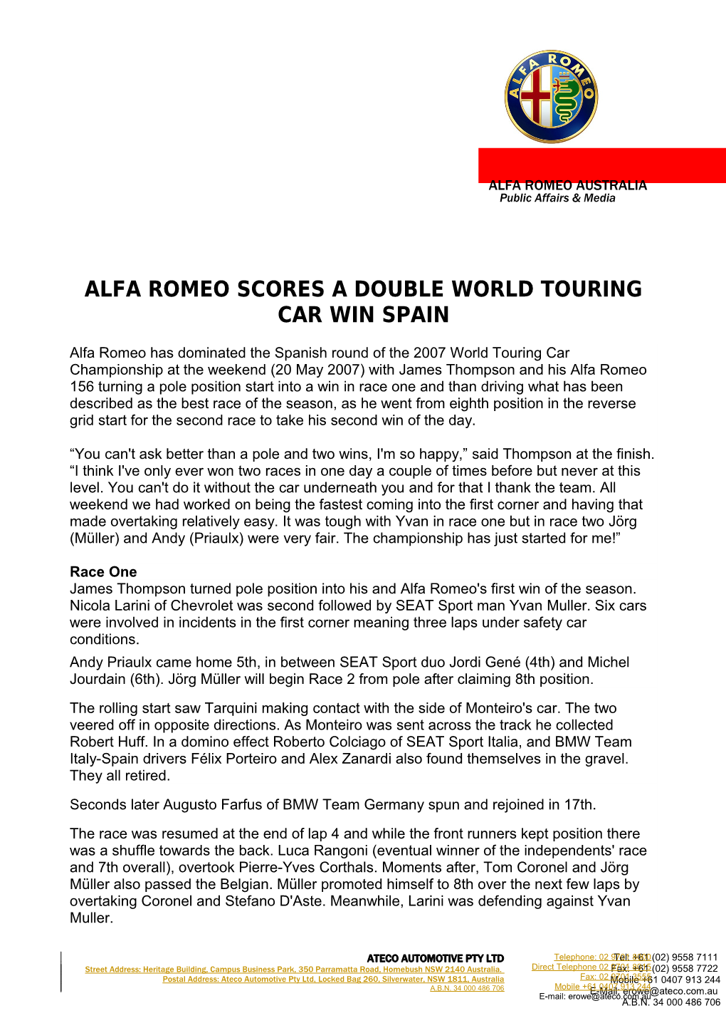 Alfa Romeo Scores a Double World Touring Car Win Spain