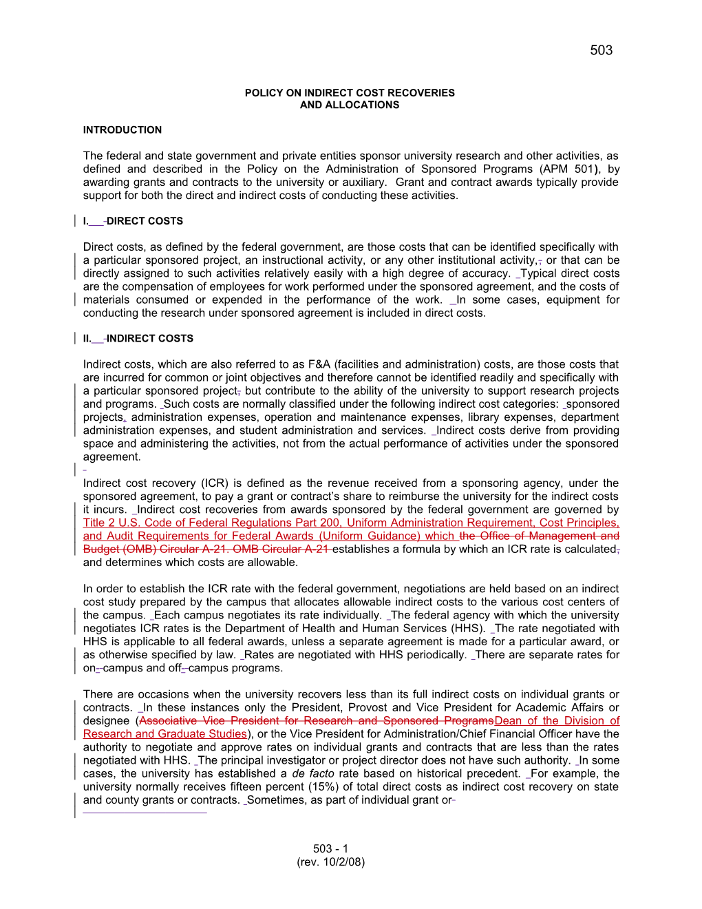 Policy on Indirect Cost Recoveries