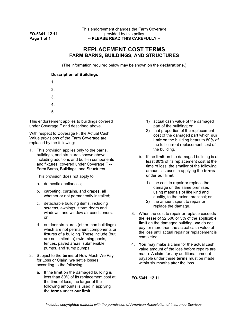 Replacement Cost Terms Farm Barns, Buildings and Structures