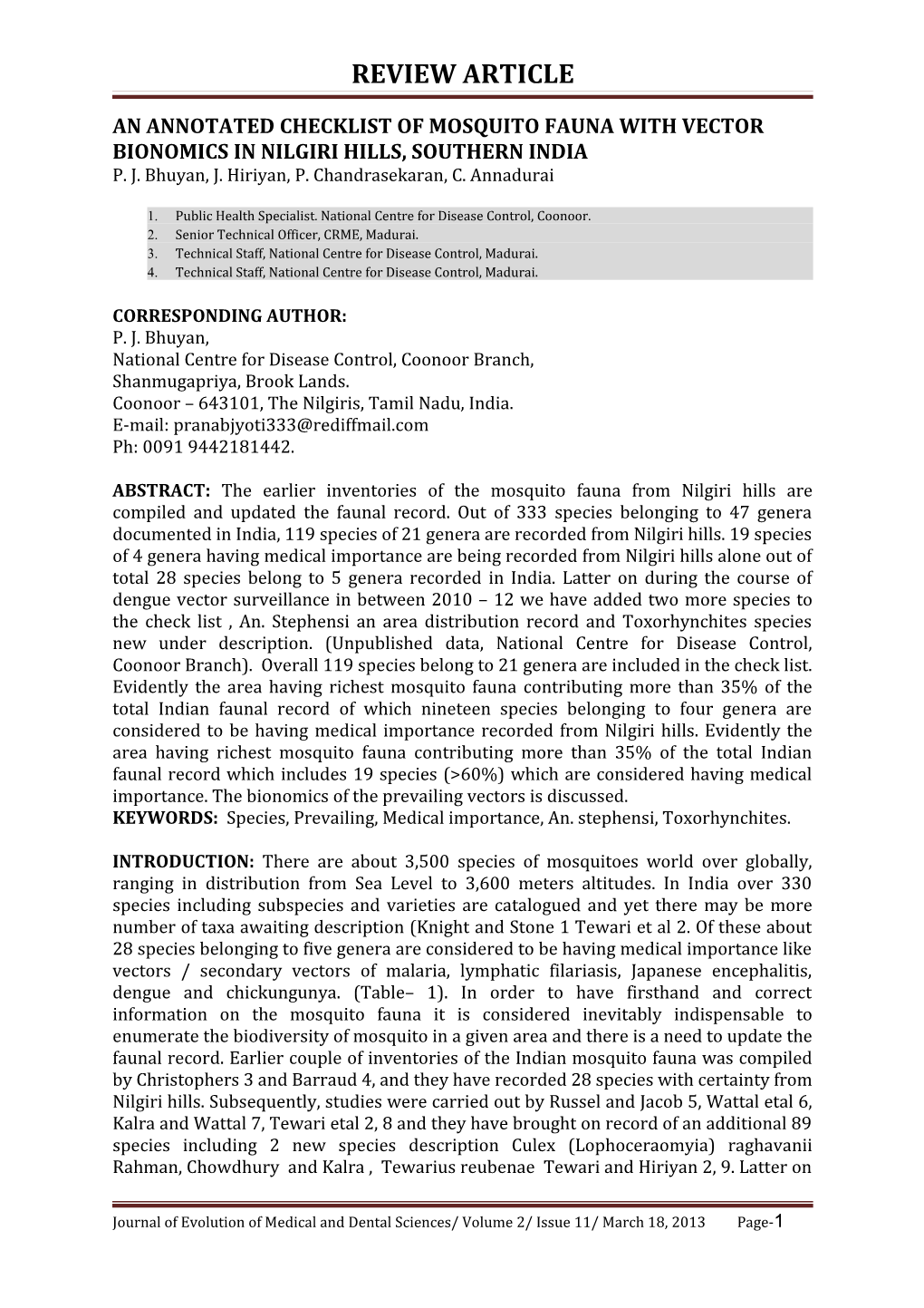 An Annotated Checklist of Mosquito Fauna with Vector Bionomics in Nilgiri Hills, Southern