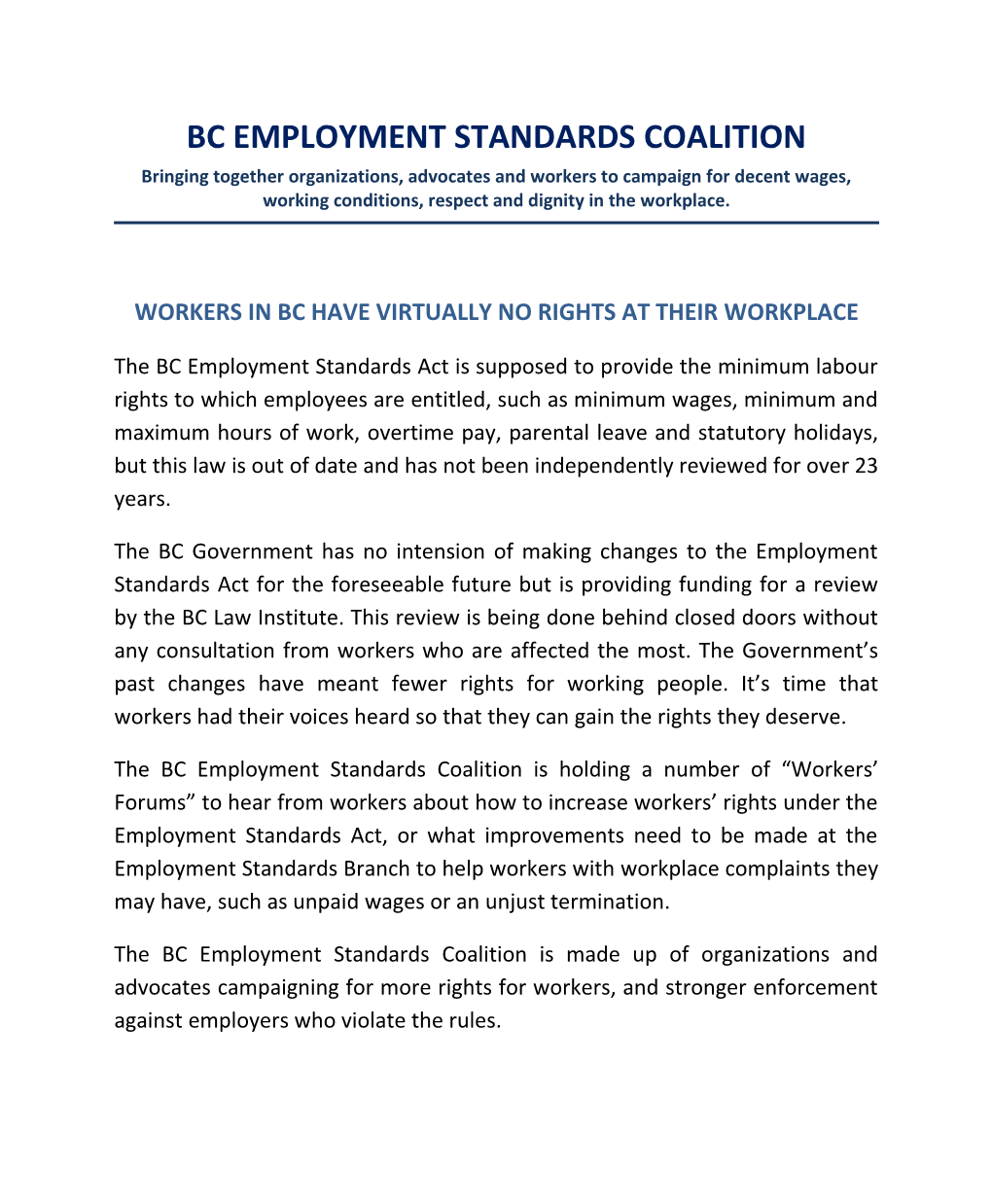 Workers in Bc Have Virtually No Rights at Their Workplace