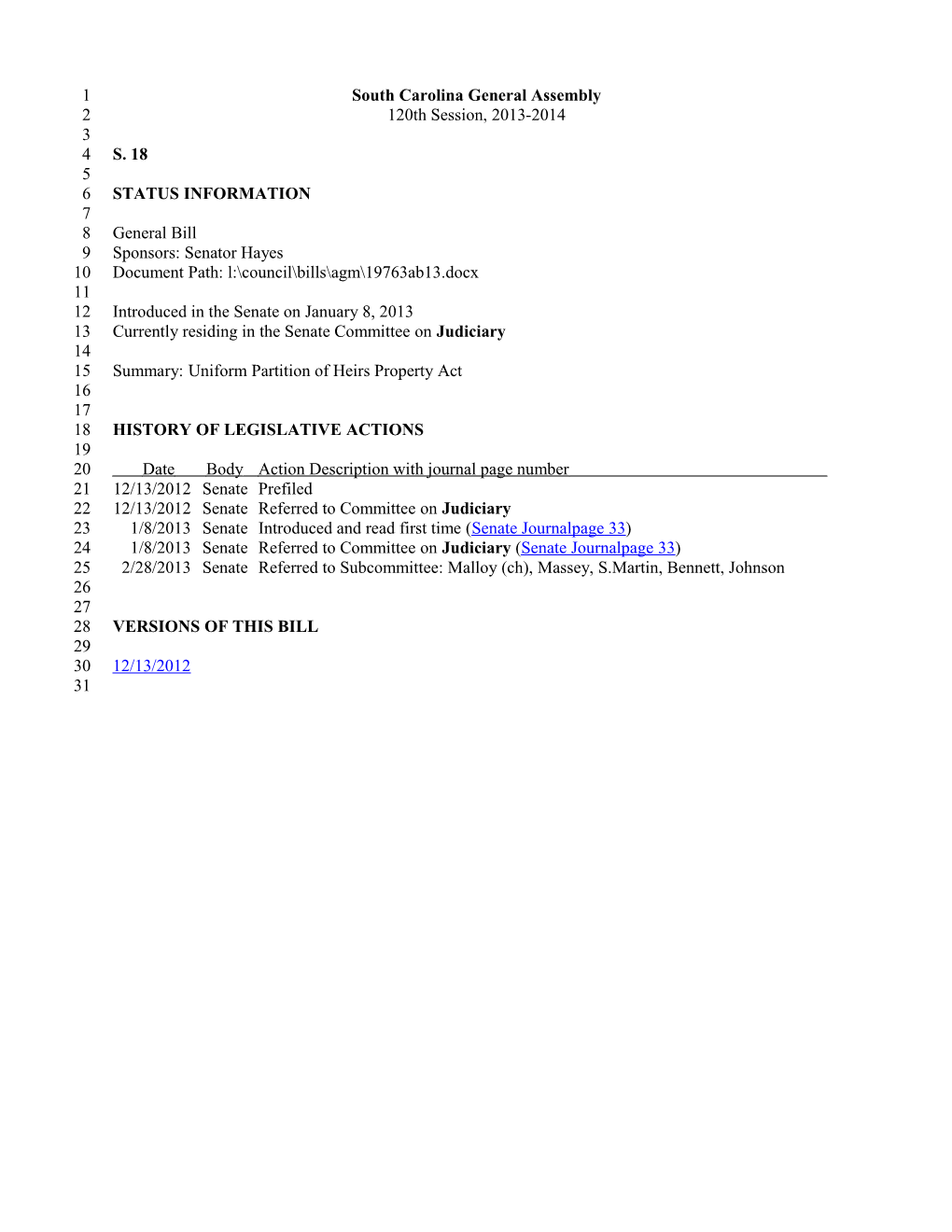 2013-2014 Bill 18: Uniform Partition of Heirs Property Act - South Carolina Legislature Online