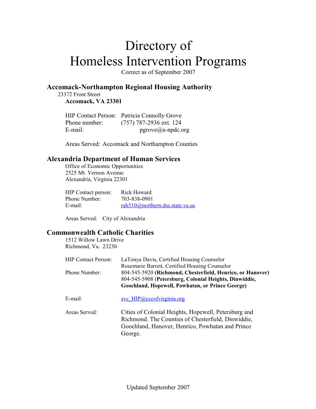 Directory of SHARE Homeless Intervention Programs