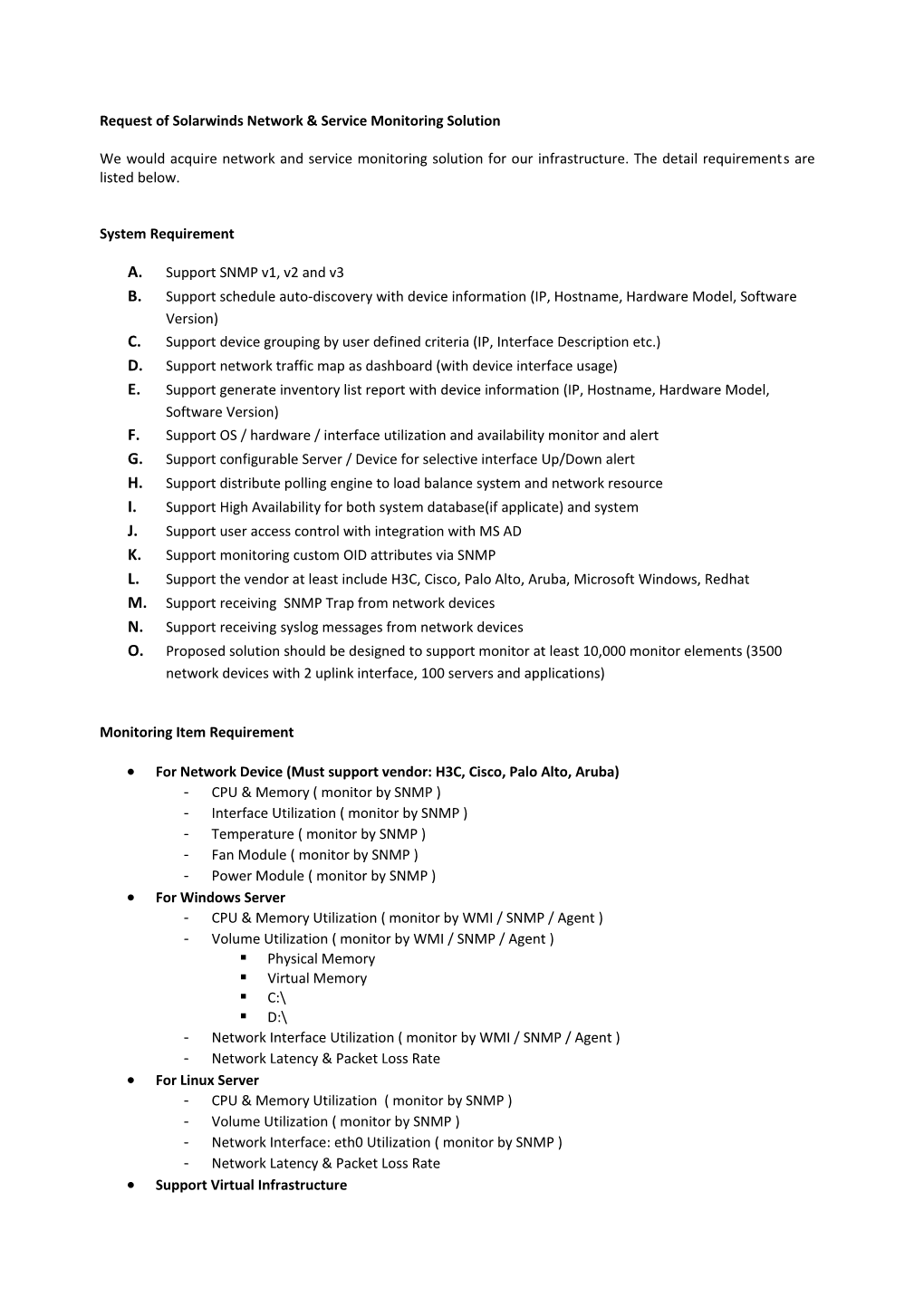 Request of Solarwinds Network & Service Monitoringsolution