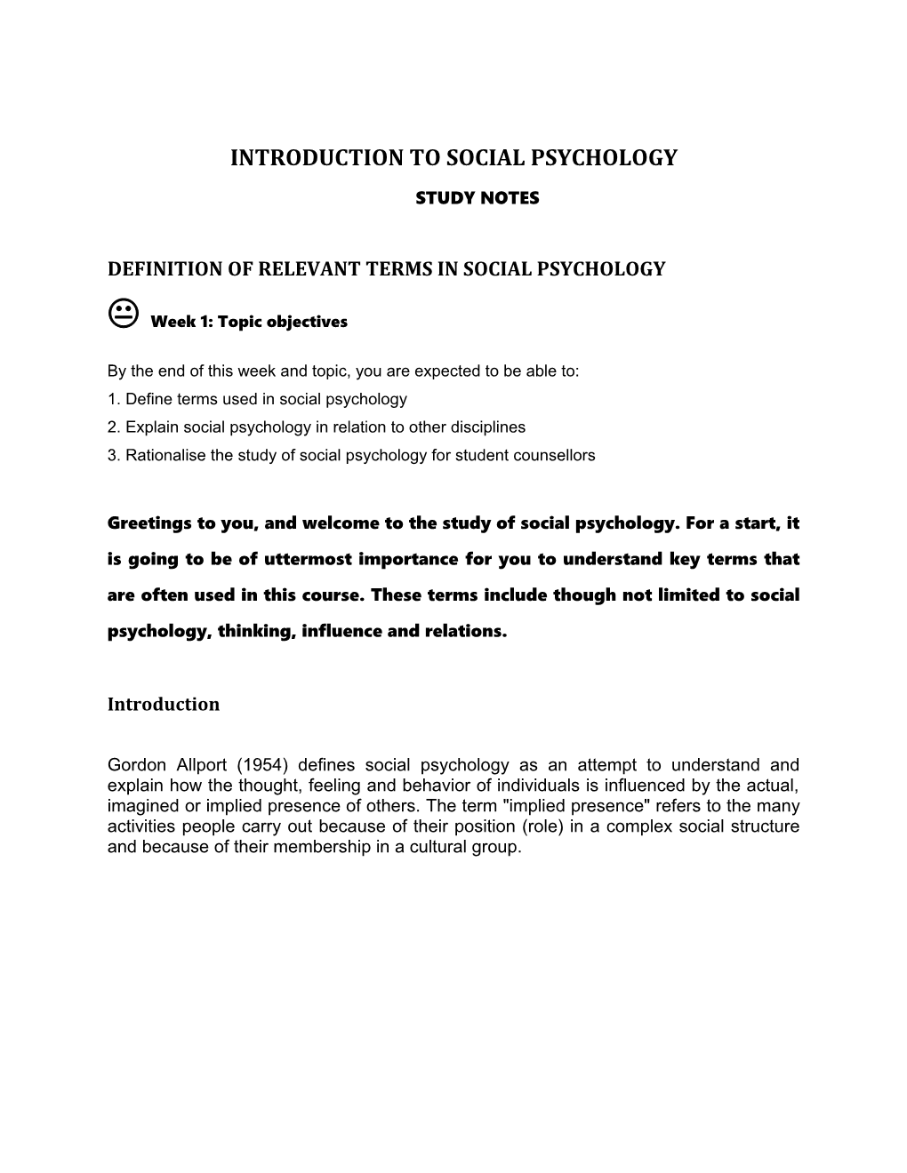 Definition of Relevant Terms in Social Psychology