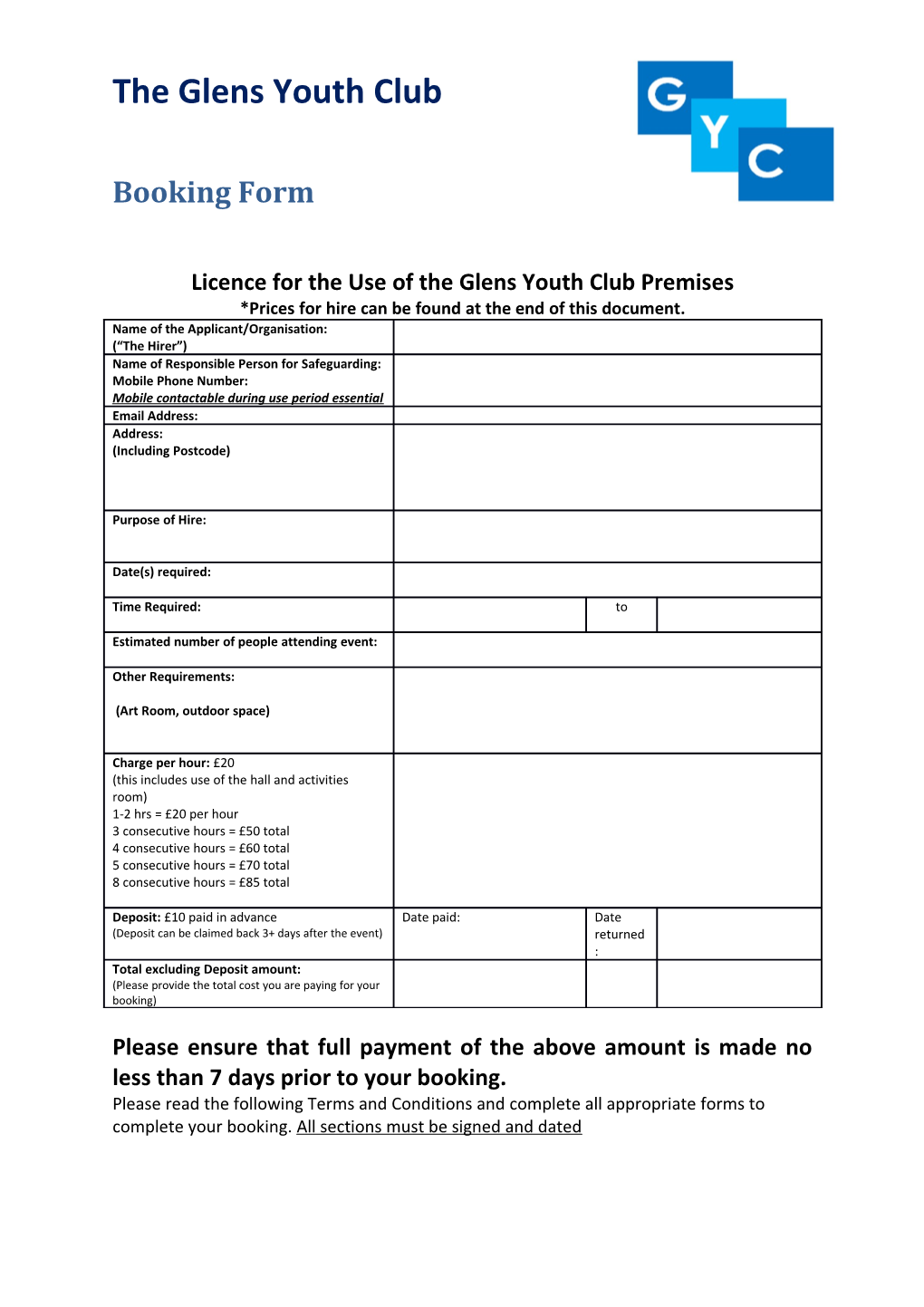Licence for the Use of the Glens Youth Club Premises