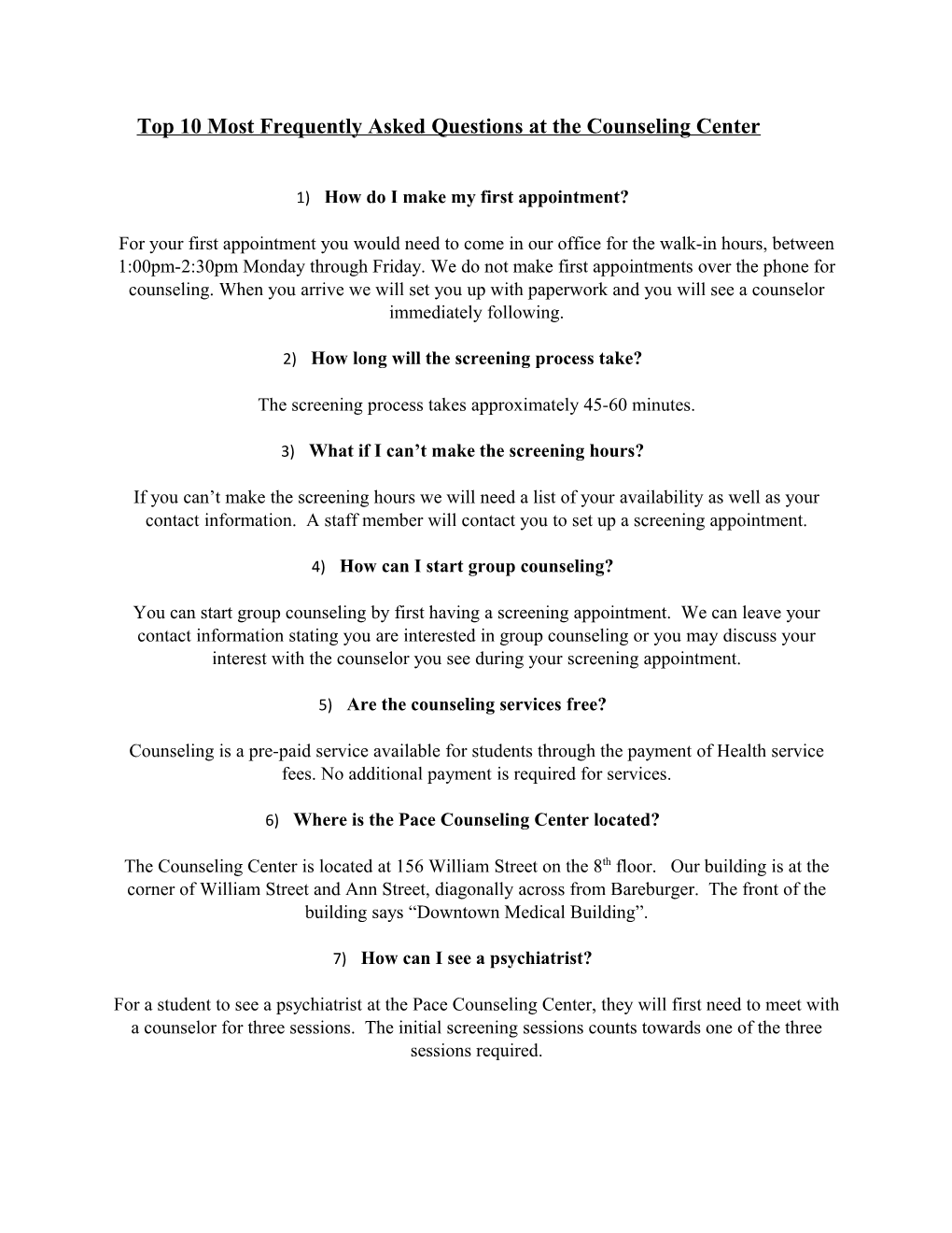 Top 10 Most Frequently Asked Questions at the Counseling Center