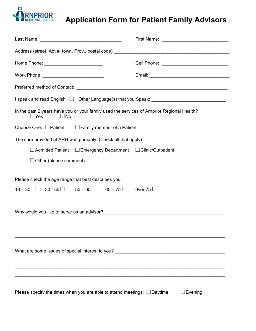 Application Form for Patient Family Advisors