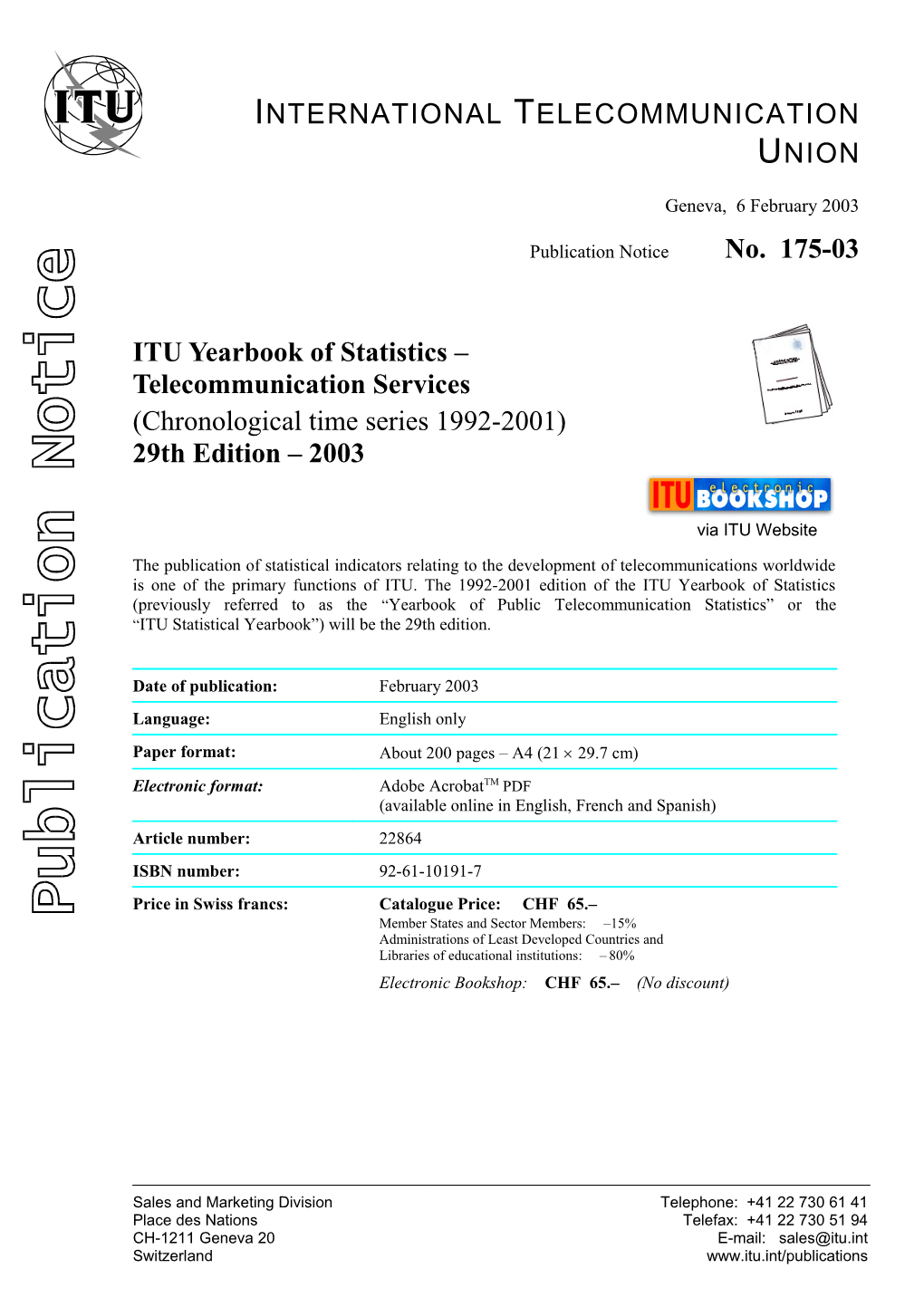 Avis De Publication No. 175-03 ITU Yearbook of Statistics Telecommunication Services