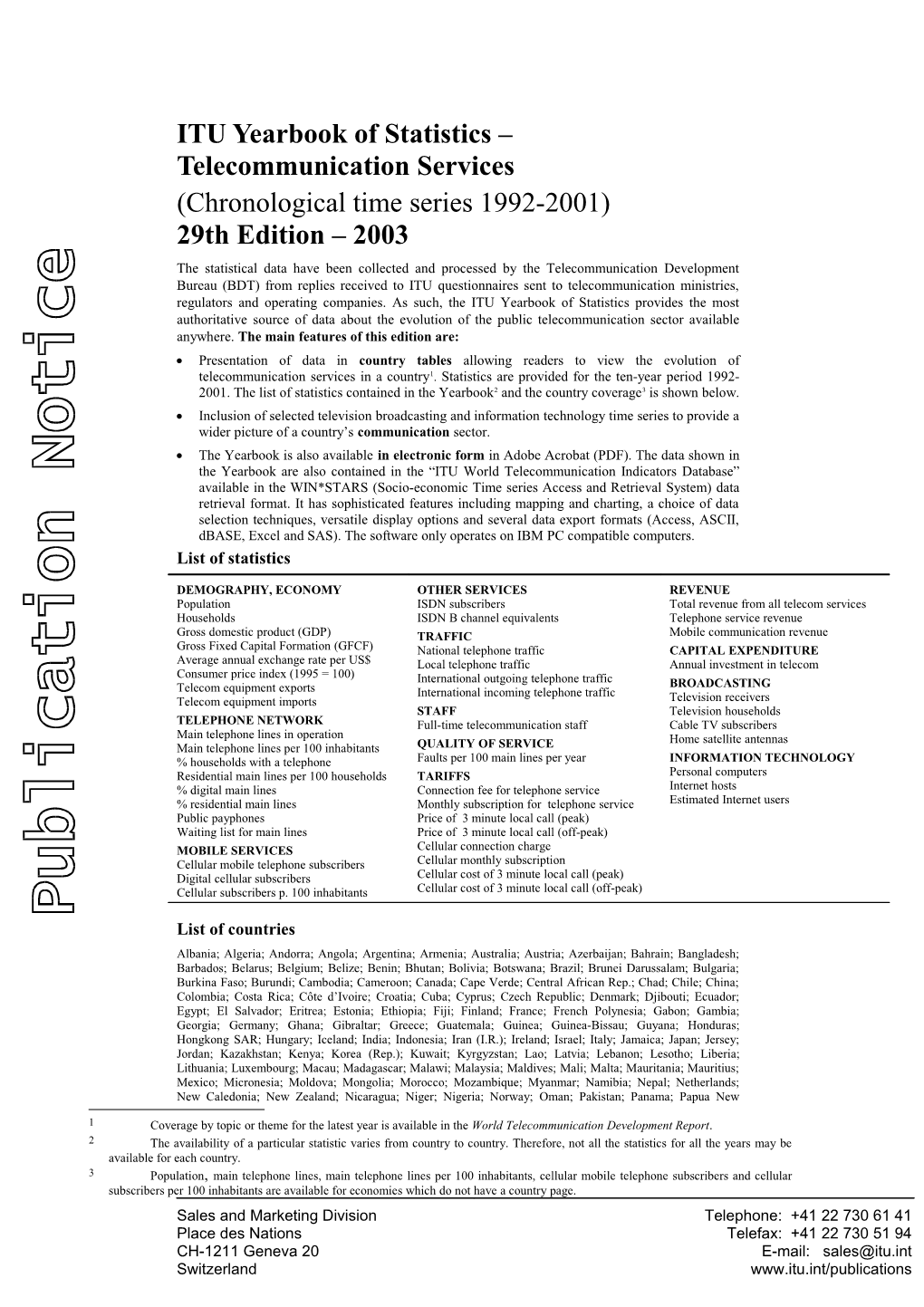 Avis De Publication No. 175-03 ITU Yearbook of Statistics Telecommunication Services