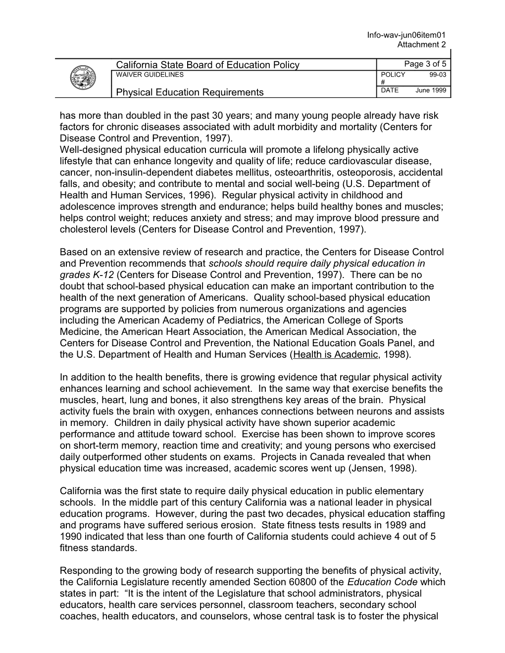June 2006 Waiver Item 01 Attachment 2 - Information Memorandum (CA State Board of Education)