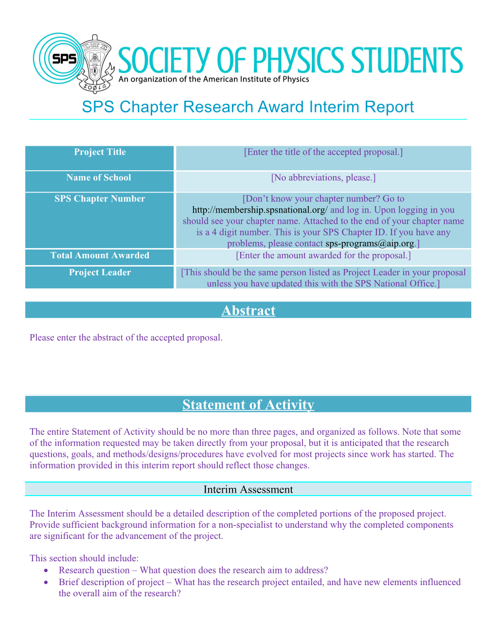 SPS Chapter Research Award Interim Report