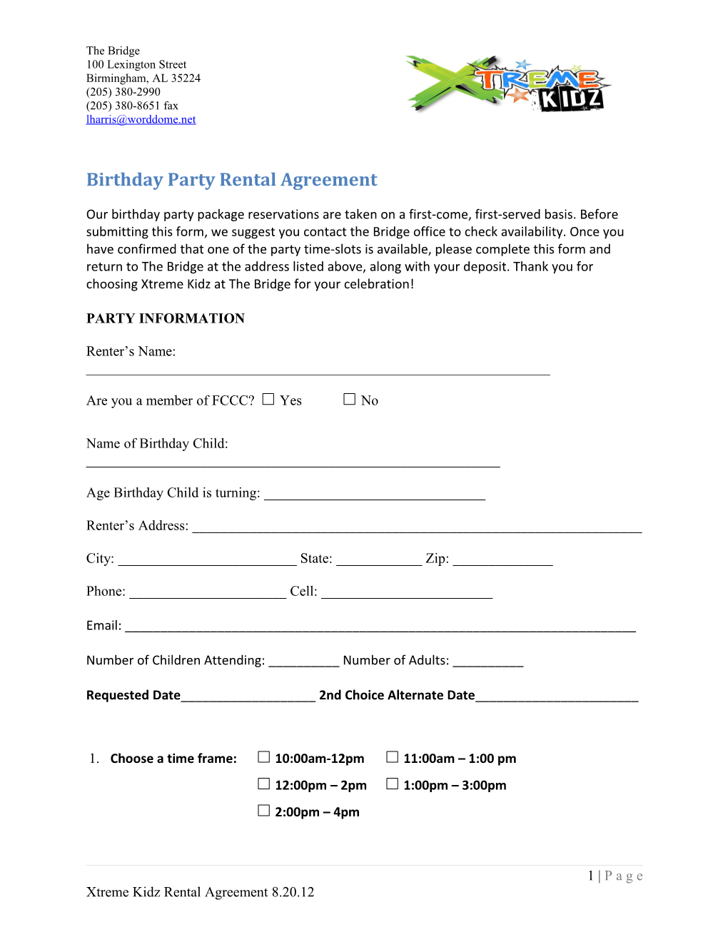 Birthday Party Rental Agreement