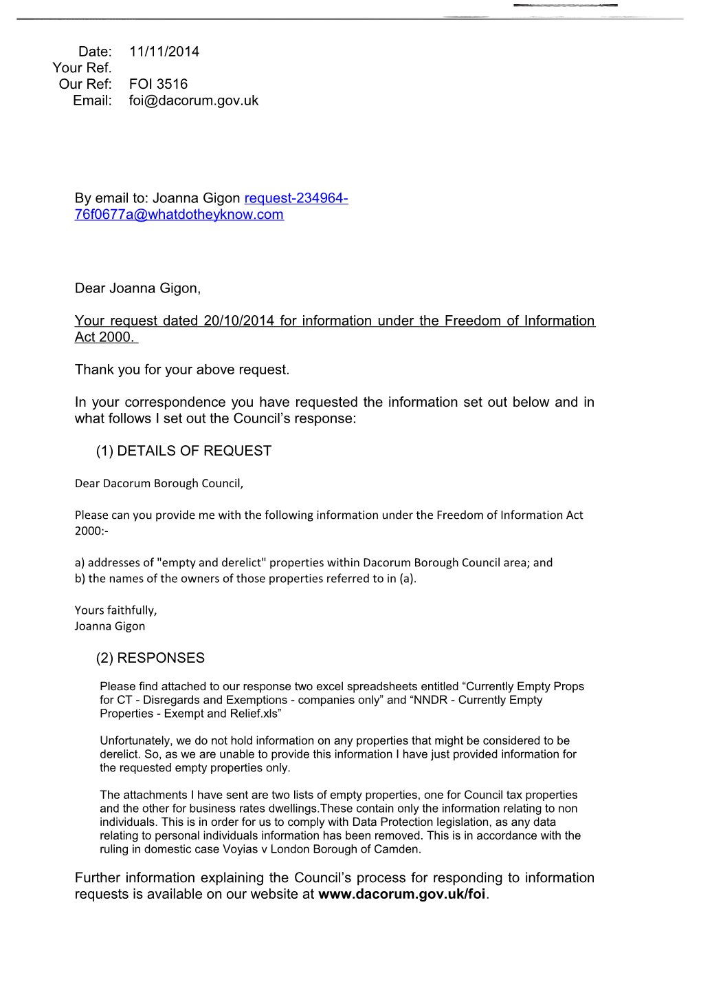 Your Request Dated 20/10/2014 for Information Under the Freedom of Information Act 2000