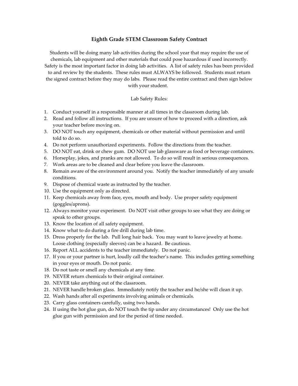 Seventh Grade Science Classroom Safety Contract