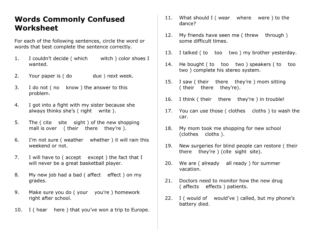 Words Commonly Confused Worksheet