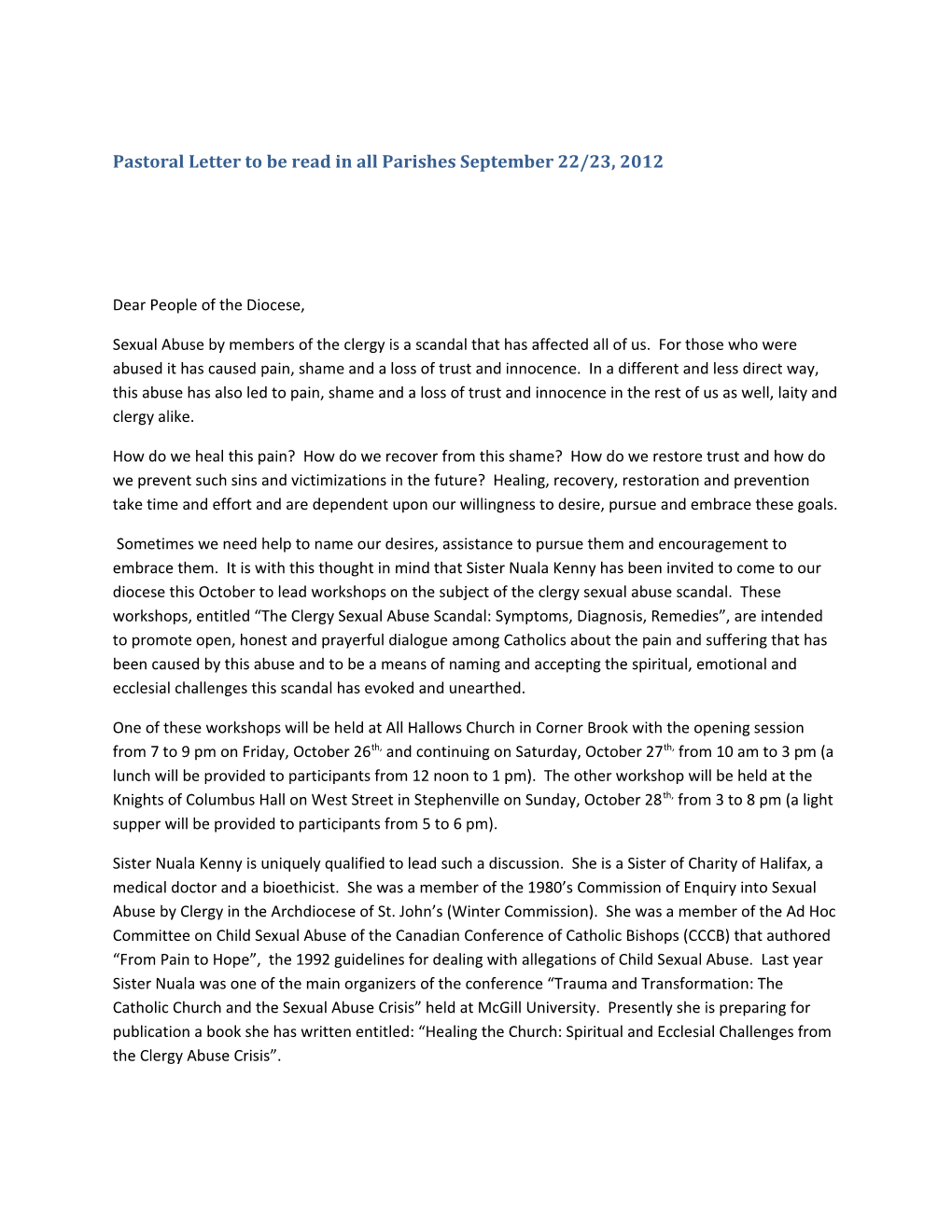 Pastoral Letter to Be Read in All Parishes September 22/23, 2012