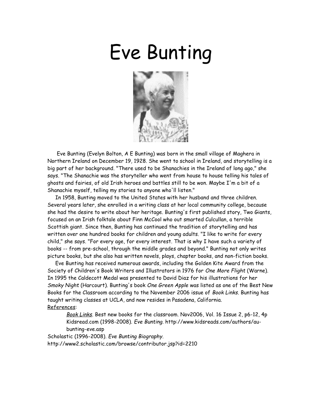 Scholastic (1996-2008). Eve Bunting Biography