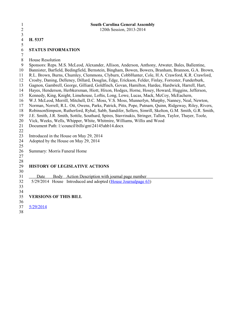 2013-2014 Bill 5337: Morris Funeral Home - South Carolina Legislature Online