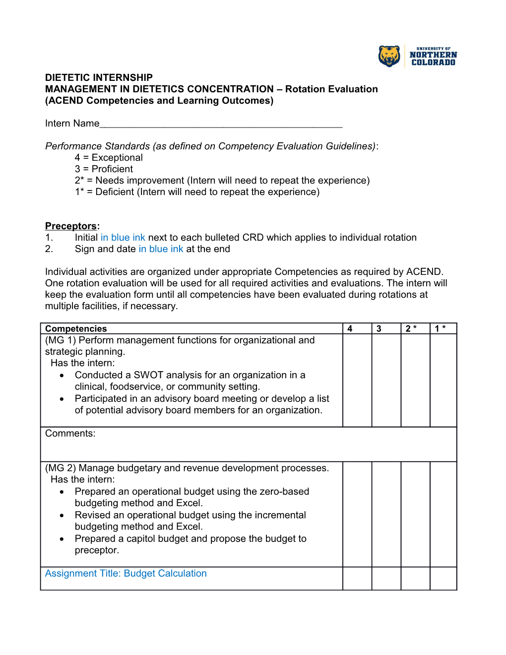 MANAGEMENT in DIETETICS CONCENTRATION Rotation Evaluation