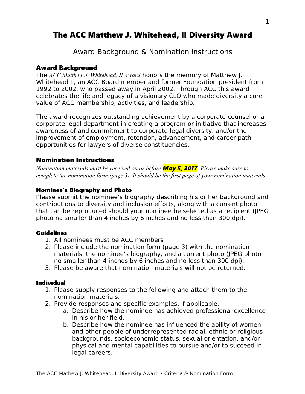 The Accmatthew J. Whitehead, II Diversity Award