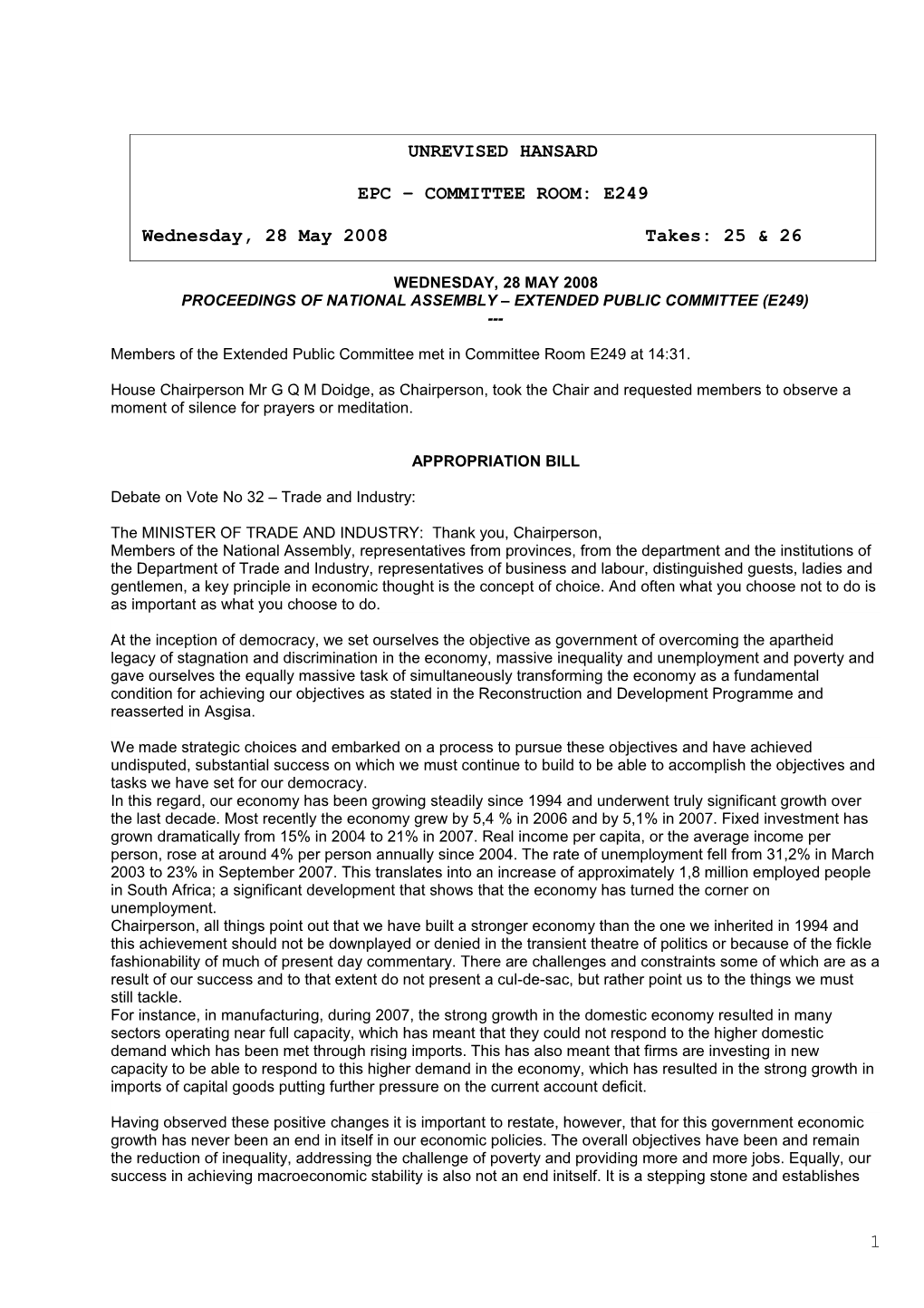 Proceedings of National Assembly Extended Public Committee (E249)