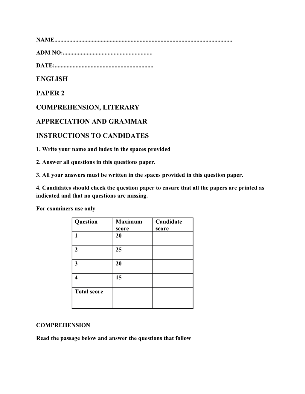 1. Write Your Name and Index in the Spaces Provided