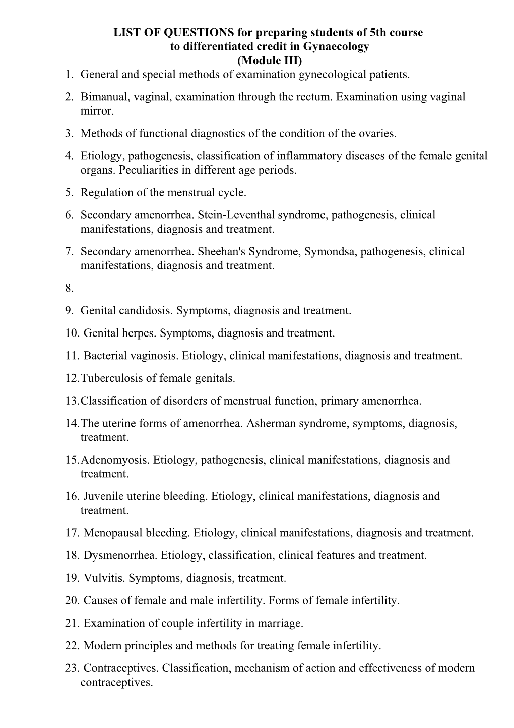LIST of QUESTIONS for Preparing Students of 5Th Course