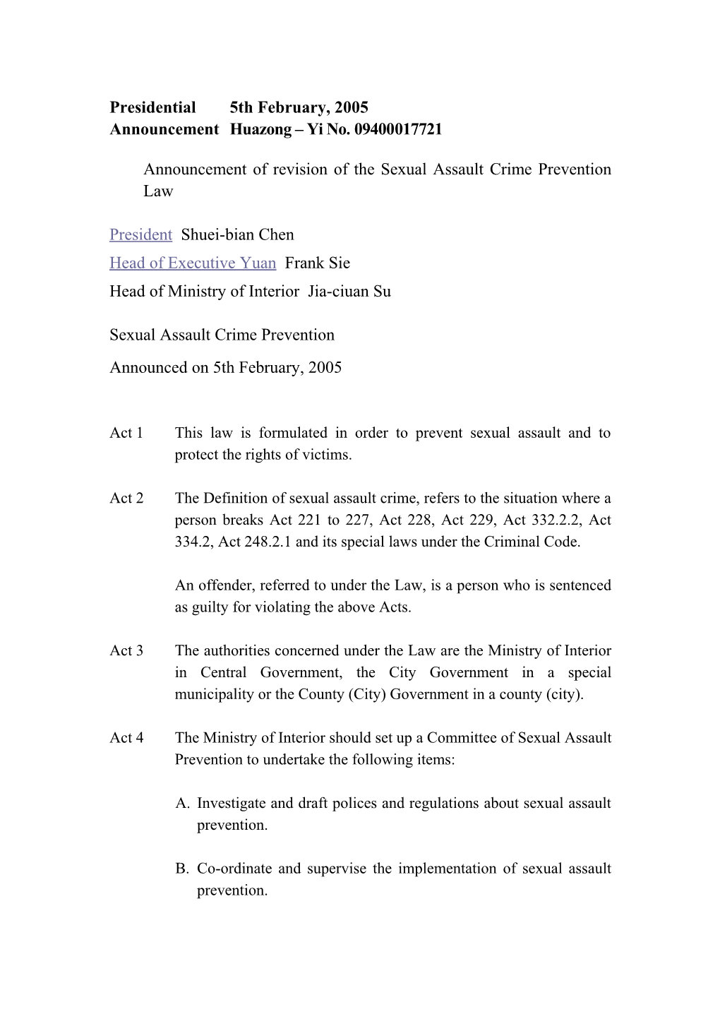 Announcement of Revision of the Sexual Assault Crime Prevention Law