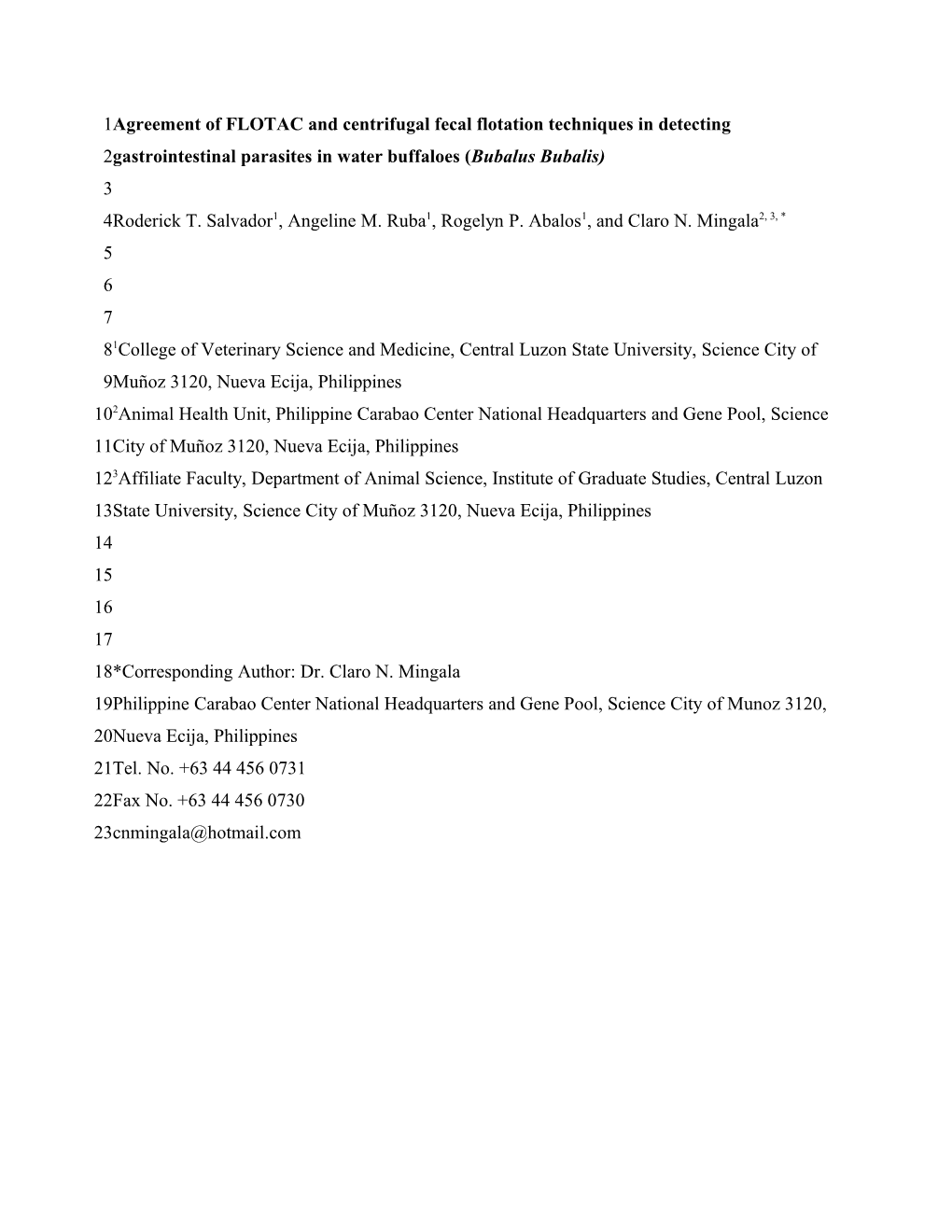 Agreement of FLOTAC and Centrifugal Fecal Flotation Techniques in Detecting Gastrointestinal