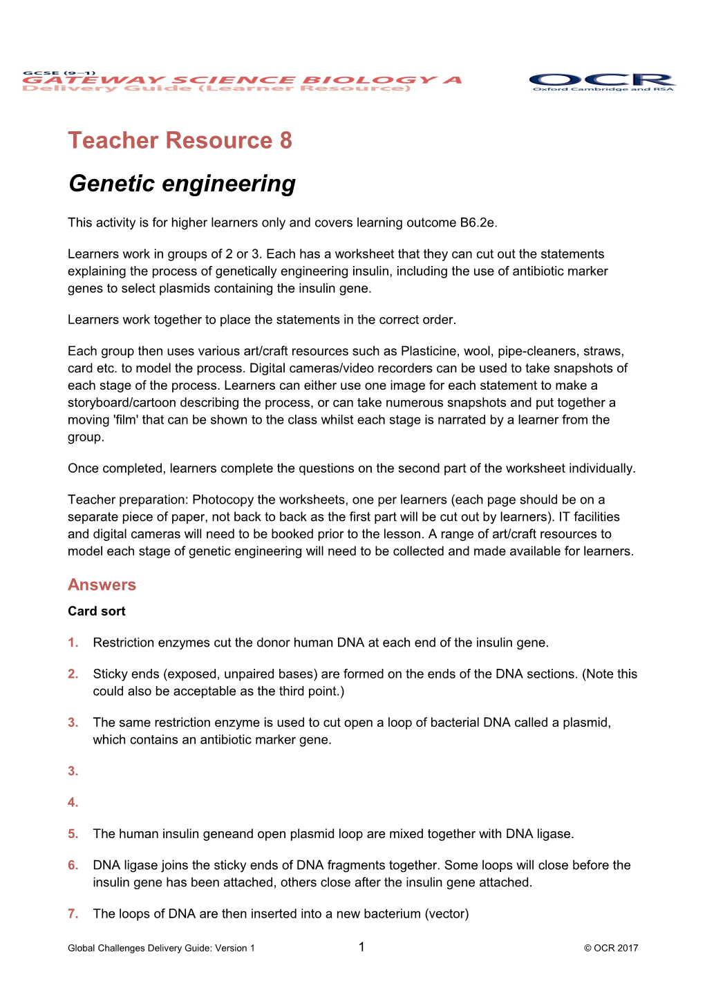 Teacher Resource 8: Genetic Engineering