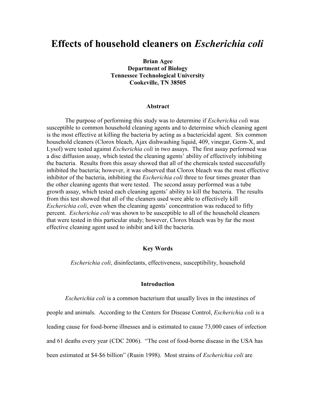 Effects of Household Cleaners on Escherichia Coli