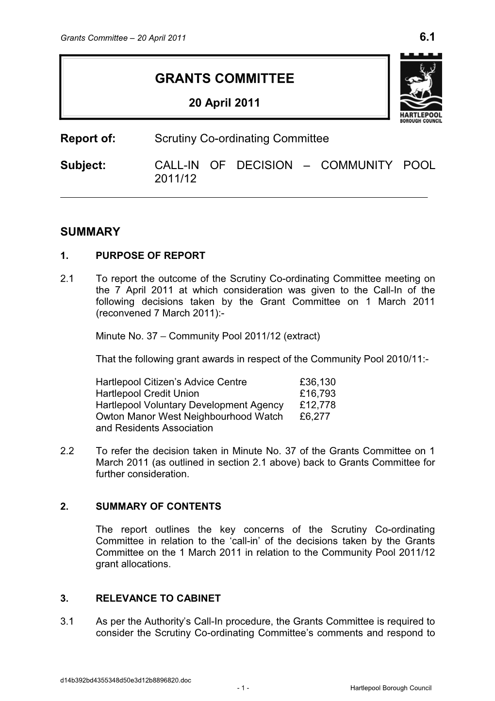 Report Of:Scrutiny Co-Ordinating Committee