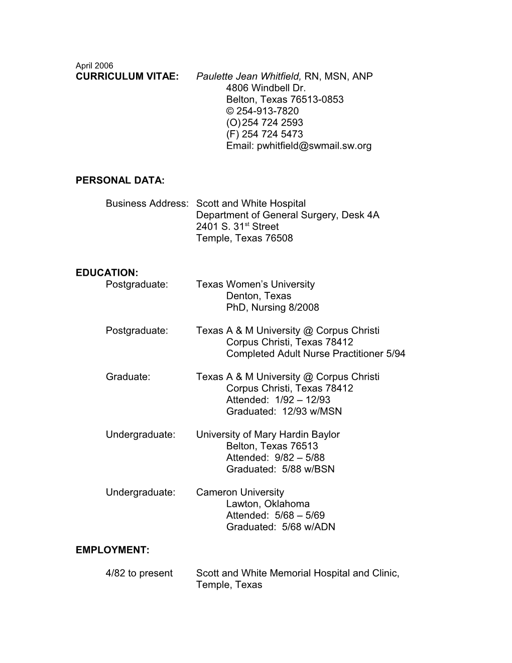 CURRICULUM VITAE: Paulette Jean Whitfield, RN, MSN, ANP