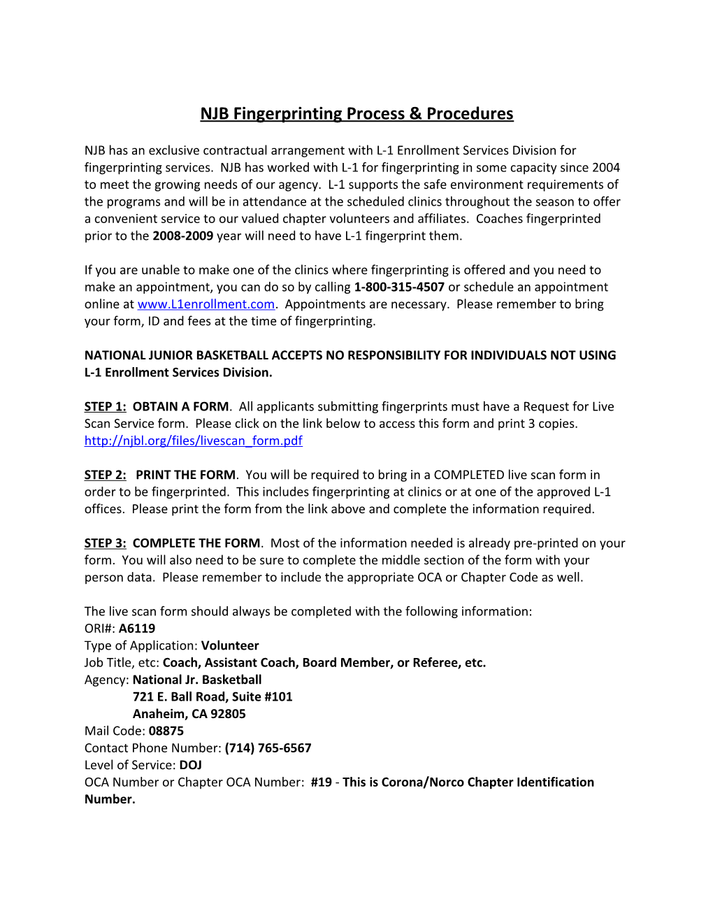 NJB Fingerprinting Process & Procedures