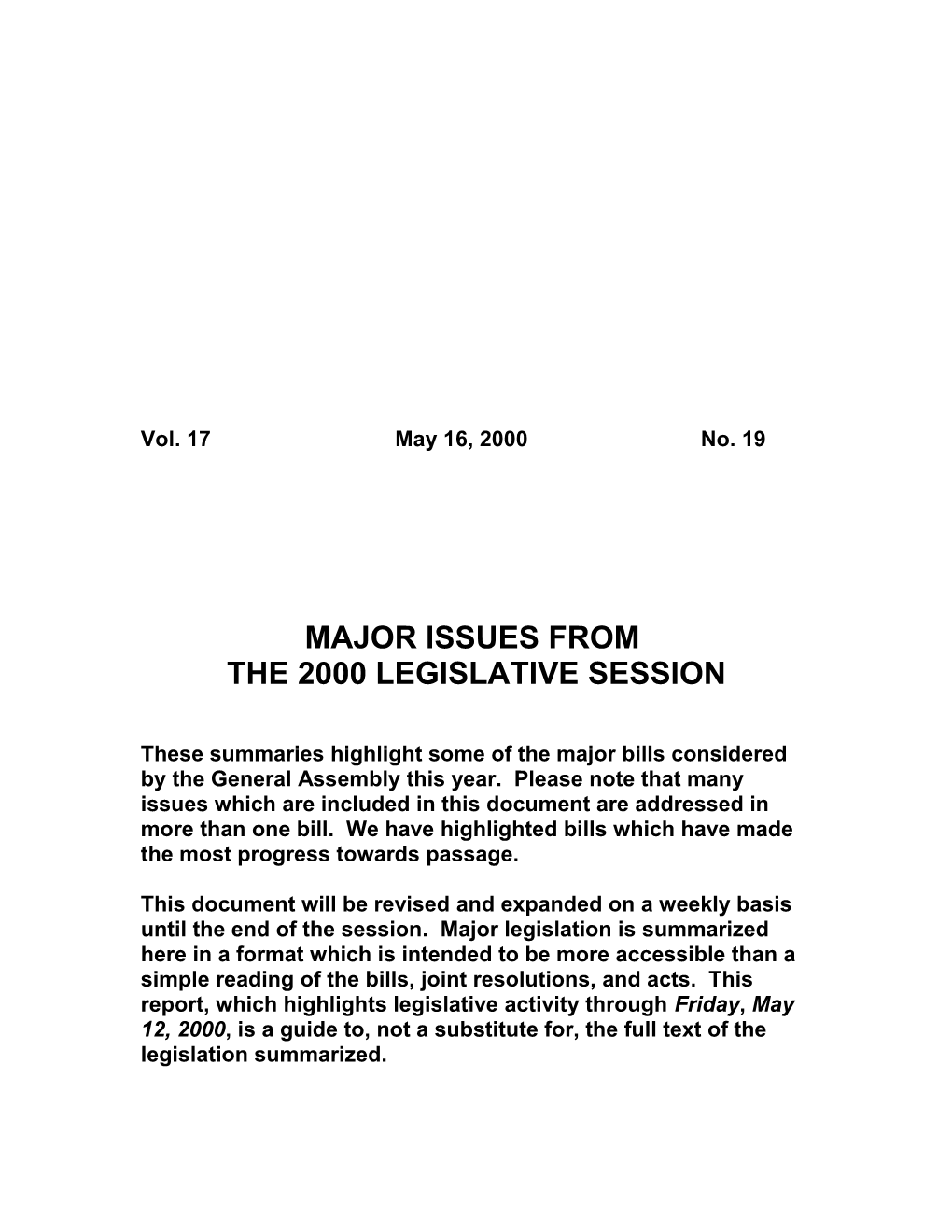 Legislative Update - Vol. 17 No. 19 May 16, 2000 - South Carolina Legislature Online