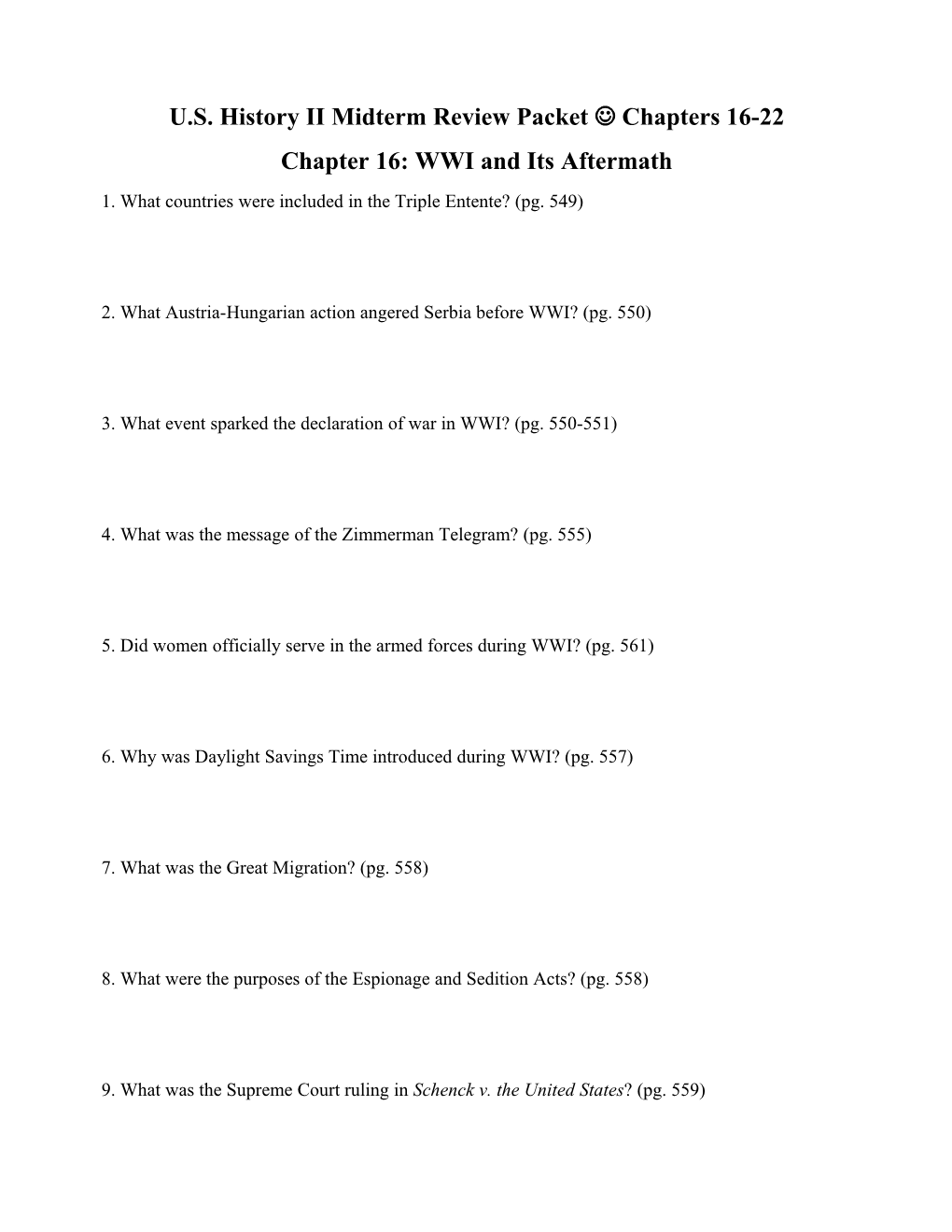 U.S. History II Midterm Review Packet Chapters 16-22