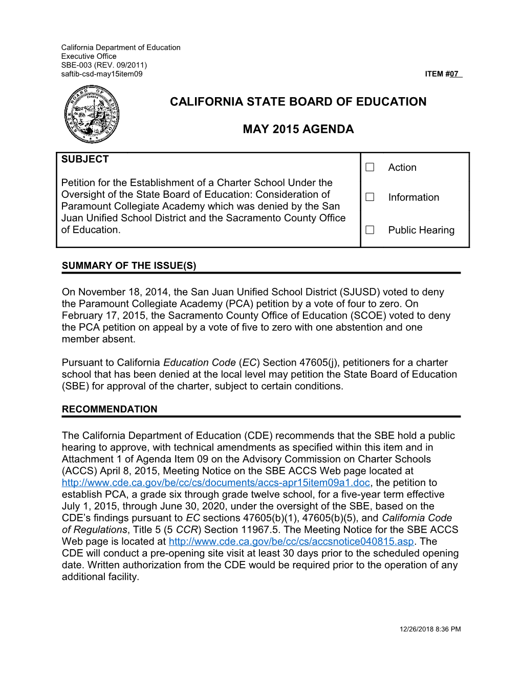 May 2015 Agenda Item 07 - Meeting Agendas (CA State Board of Education)